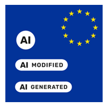 Fundo azul com estrelas da UE e três ícones brancos: “AI”, “AI Modified” e “AI Generated”