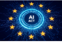 Ilustração com as palavras 'AI Act' rodeadas por circuitos luminosos e estrelas da UE, sobre fundo a