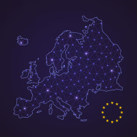 Mapa da Europa com rede digital de dados e o símbolo da UE